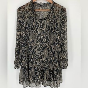 Zara Woman’s Blouse Tunic Semi Sheer w/Ruffled Neck Black/Tan Paisley Sz XS T6